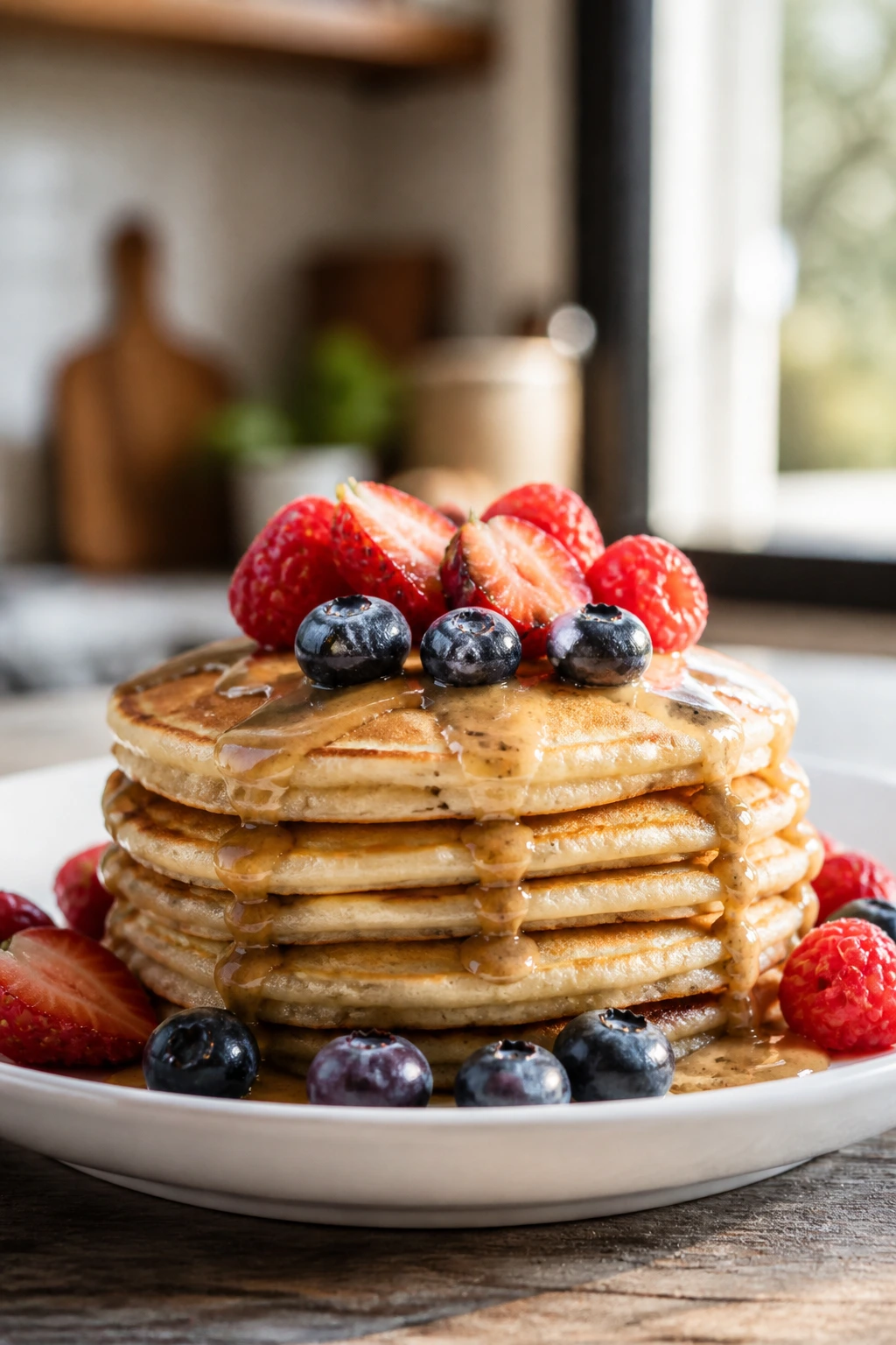 Stack of protein pancakes with berries on a breakfast plate