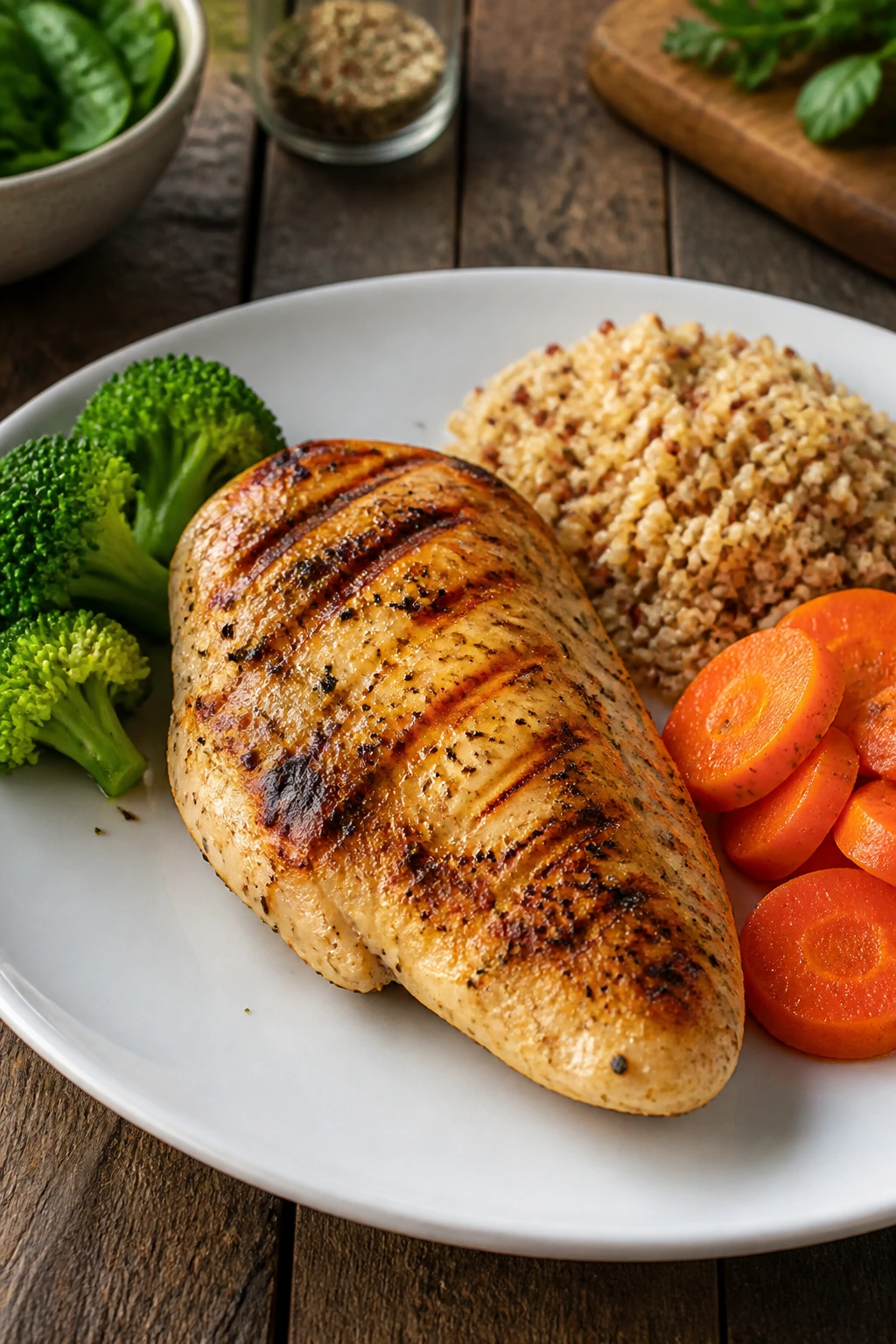 Plate featuring a prominent chicken breast as the main protein