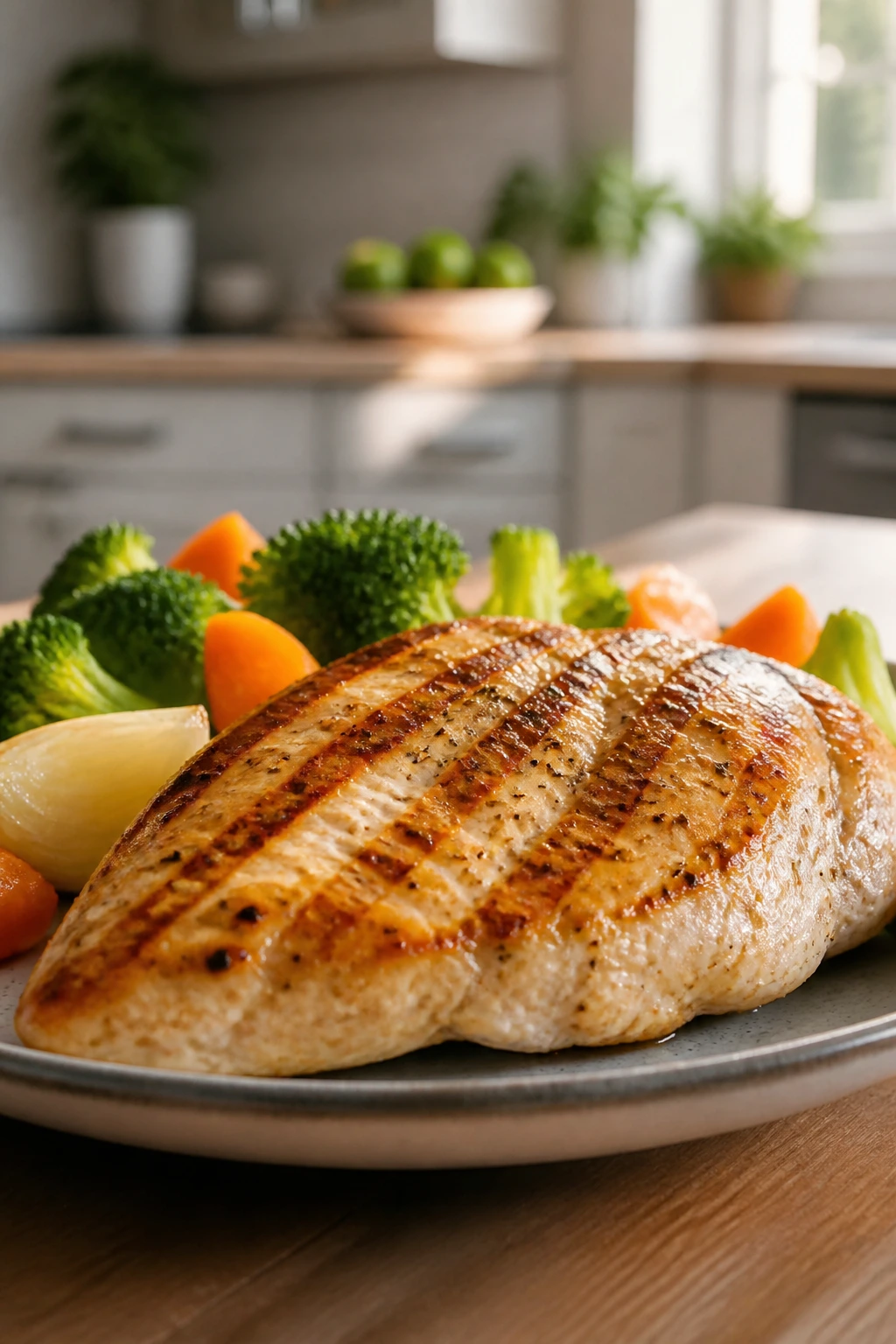 Plate of grilled chicken breast on a bright kitchen table