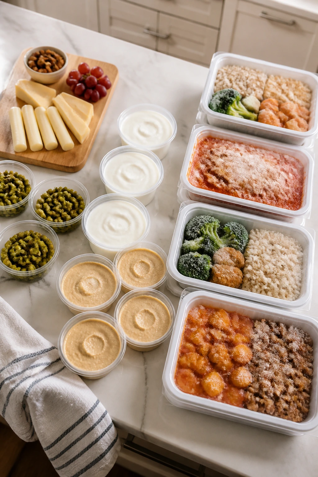 Top-down view of protein snacks and freezer meals on a kitchen island