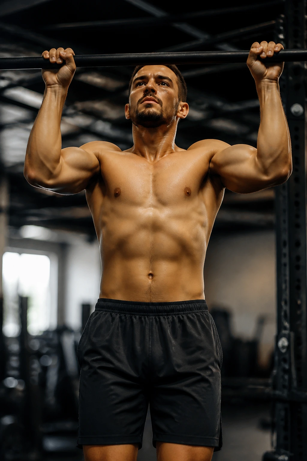 Person doing a strict pull-up in gym as part of EMOM