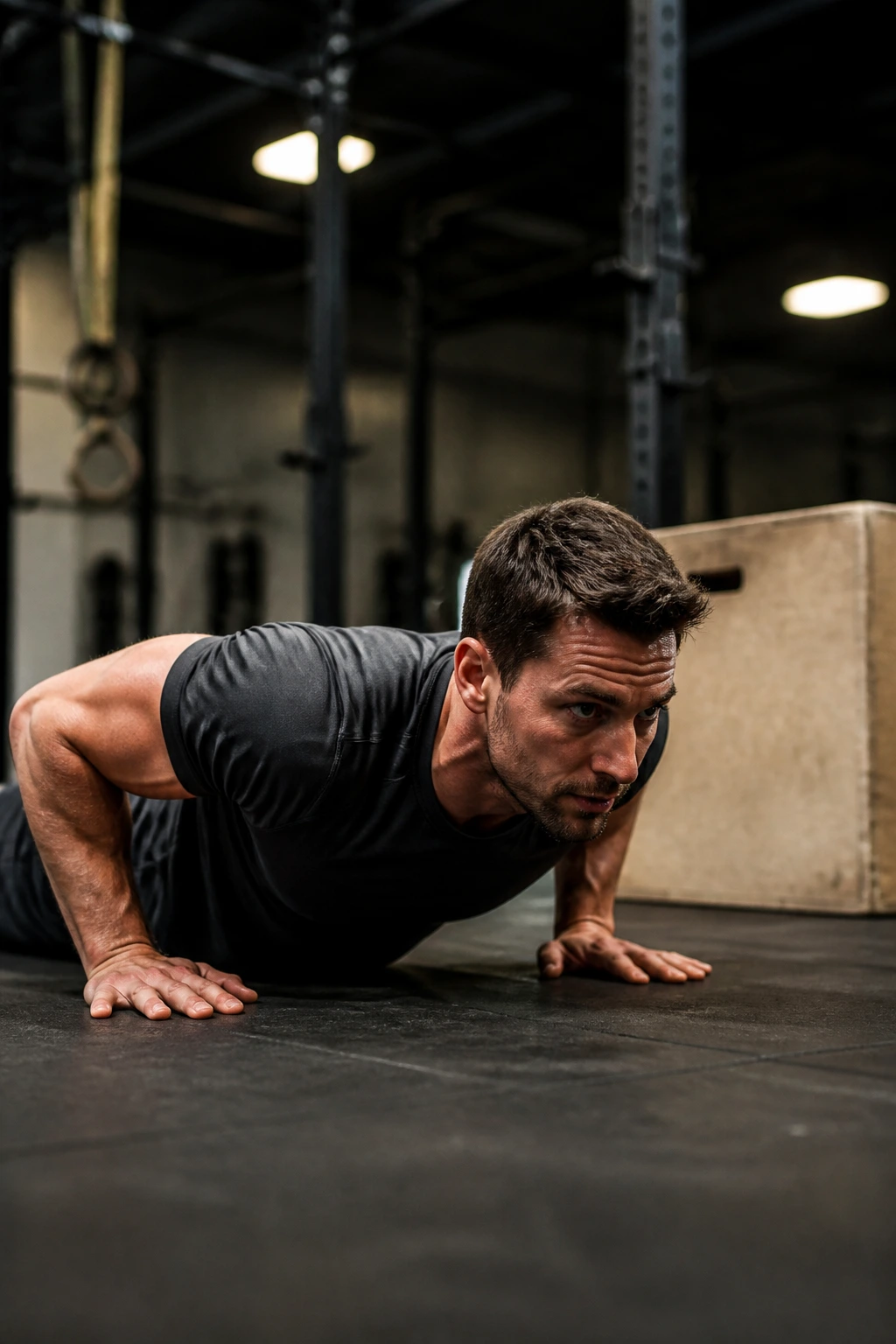 Athlete performing push-up in gym with box jump area in background