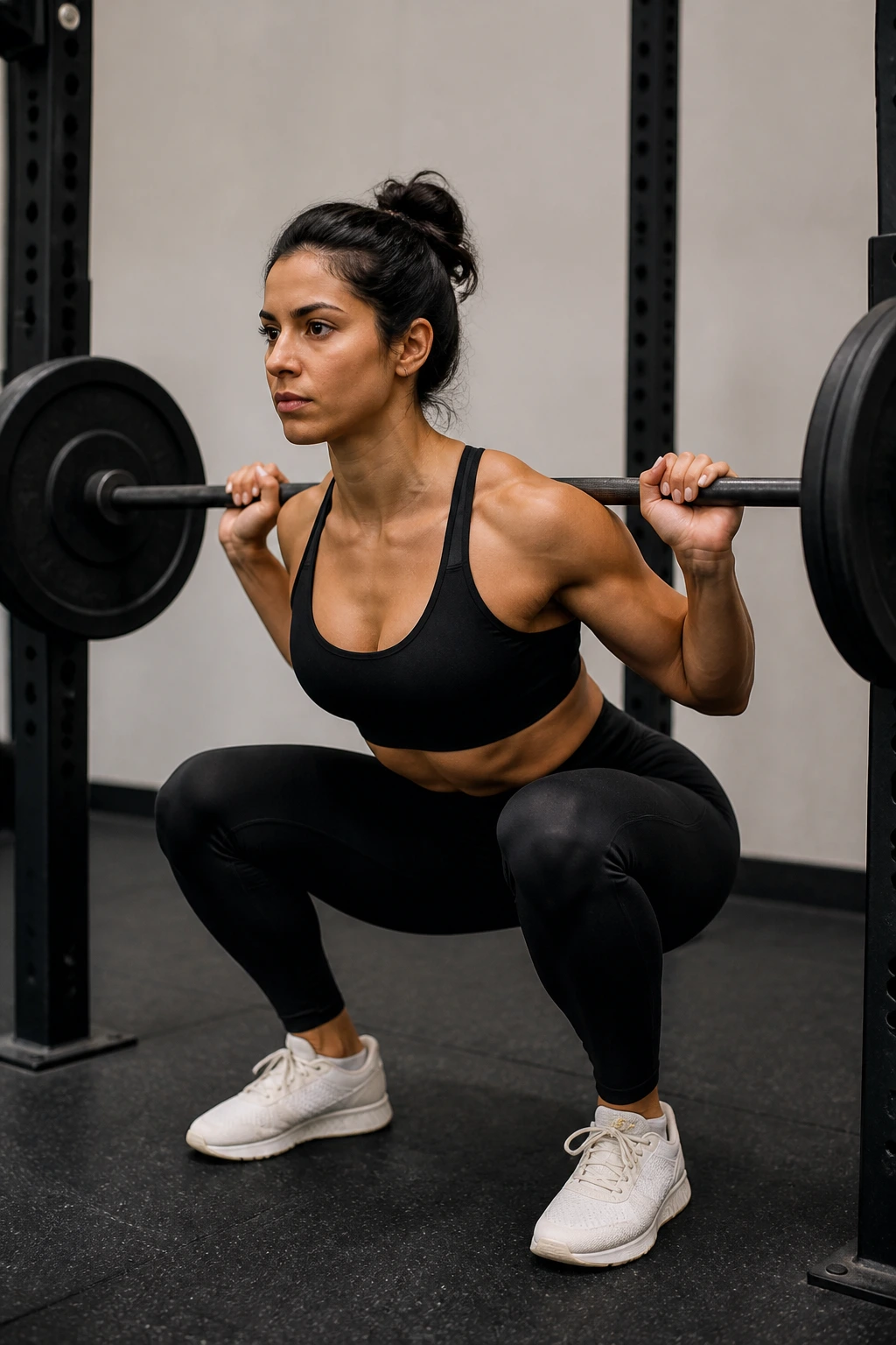 Person performing pulse-then-drive squat with short pulses