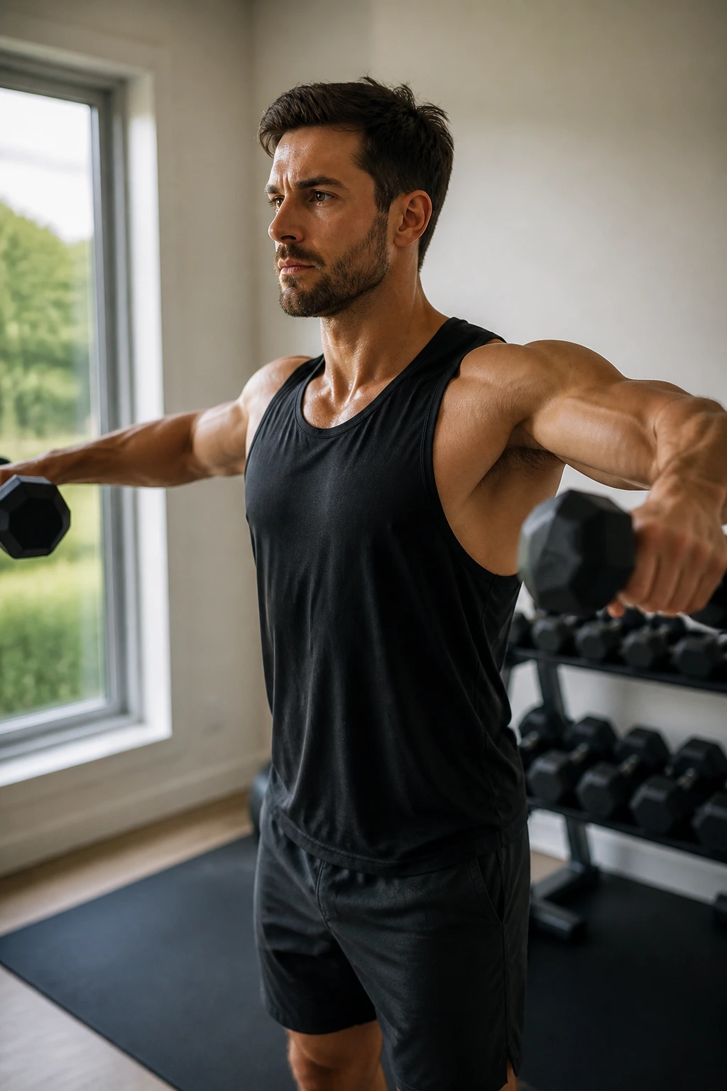 Person performing light dumbbell lateral raises for pump day in a home gym