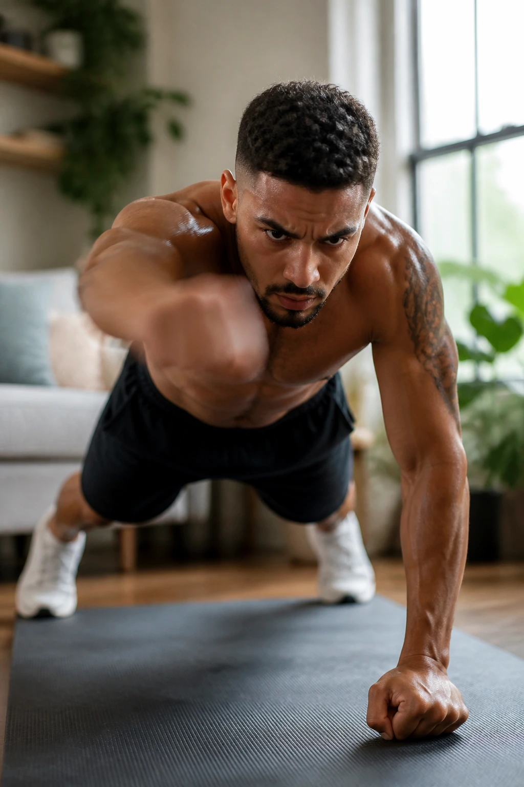 Medium-close shot of a fit athlete in a high plank punching forward on a home mat