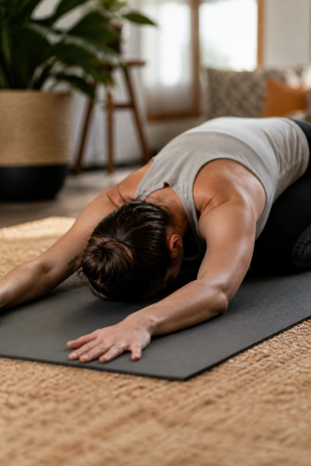 Person in Extended Puppy Pose stretching upper back and shoulders on a yoga mat