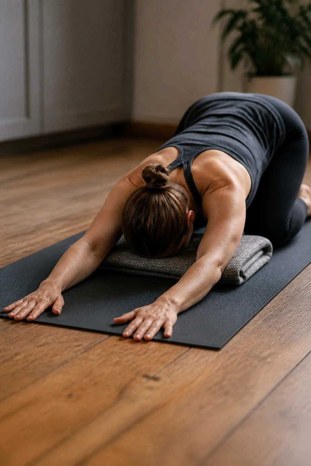 Close-up of a person in Puppy Pose on a mat with a blanket under the chest