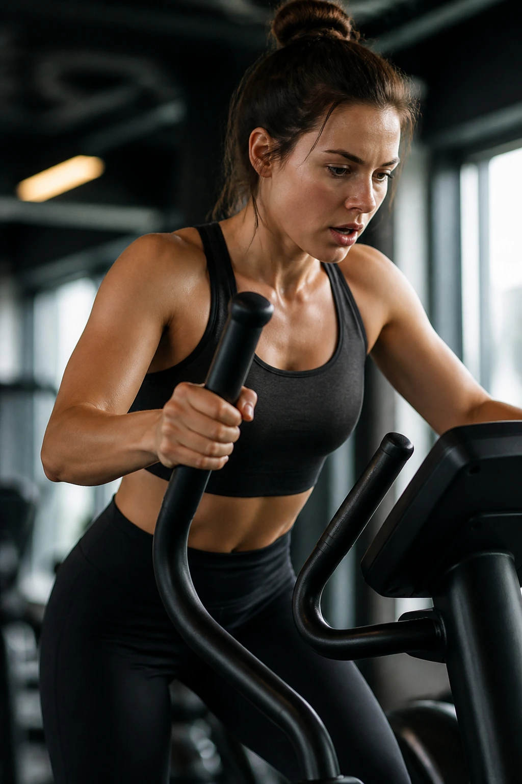 Person on cross trainer performing a brief push interval with longer recovery in a gym