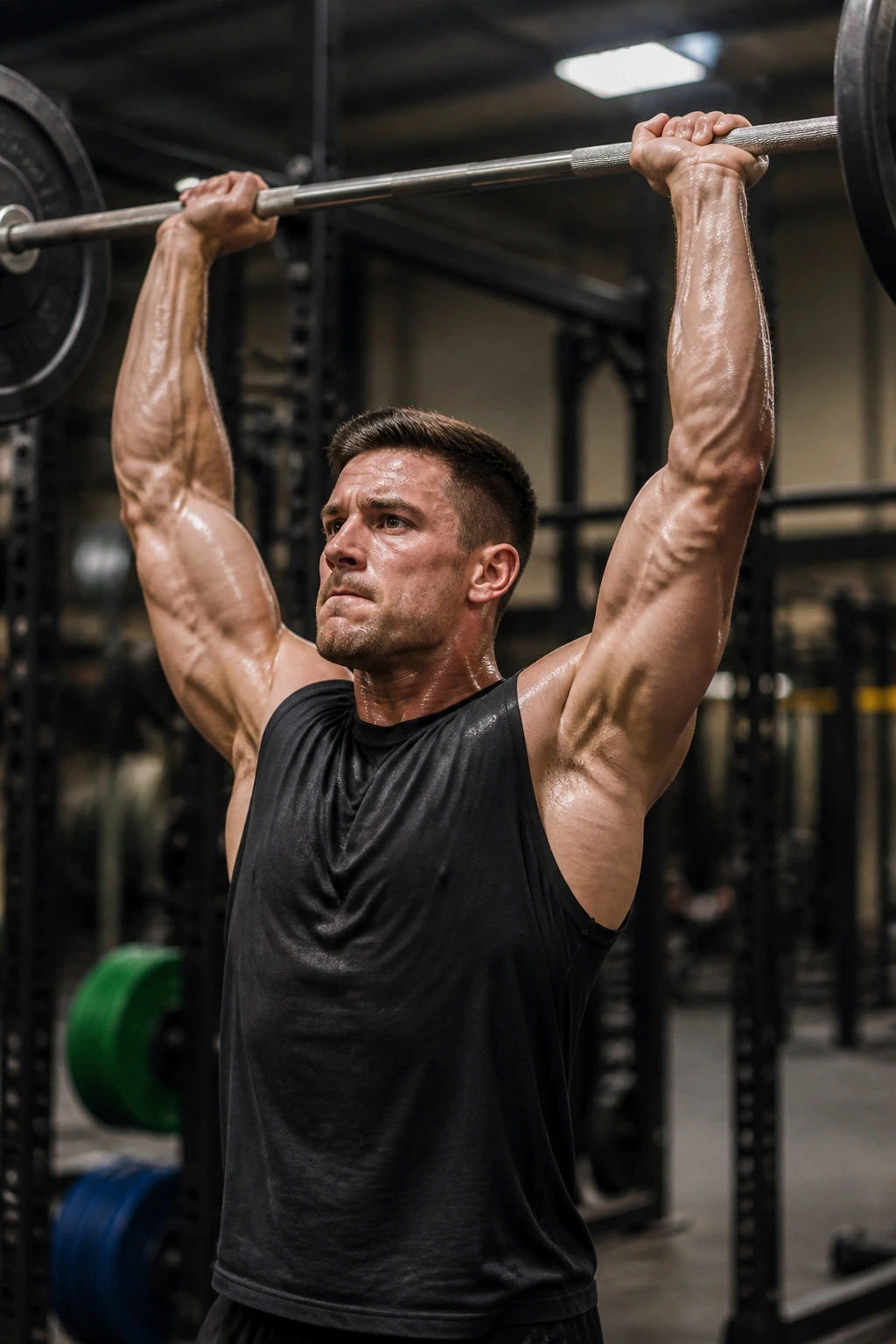 Close-up of a lifter performing push press with barbell overhead in gym, emphasizing shoulders and triceps