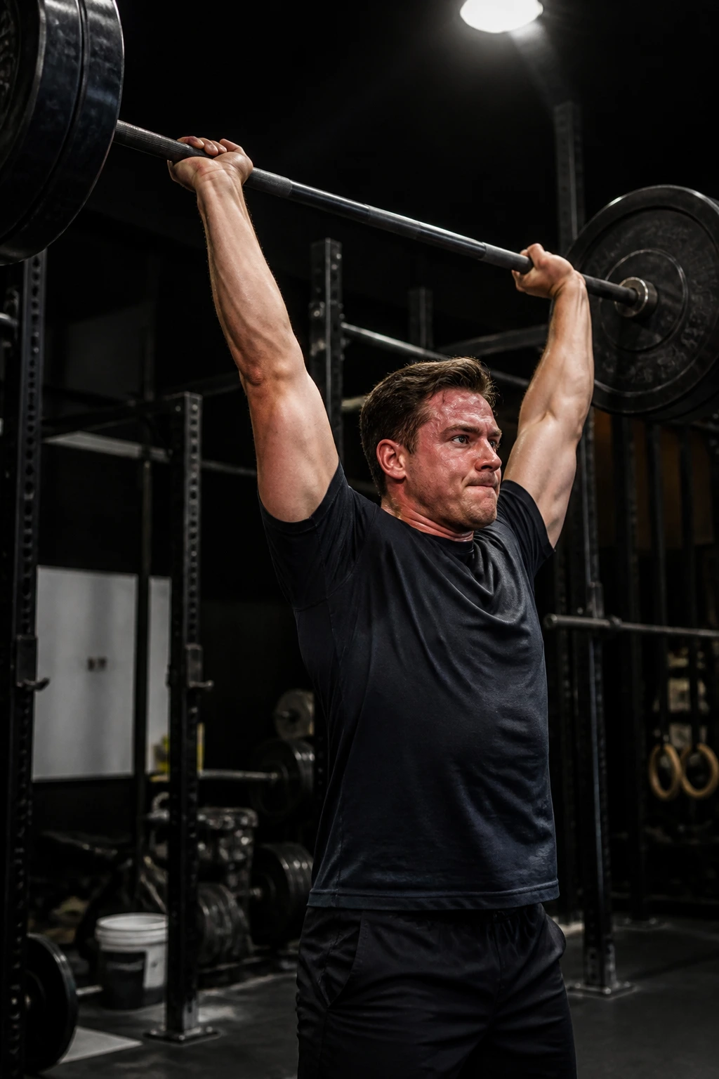 Lifter performing push press with barbell overhead in gym