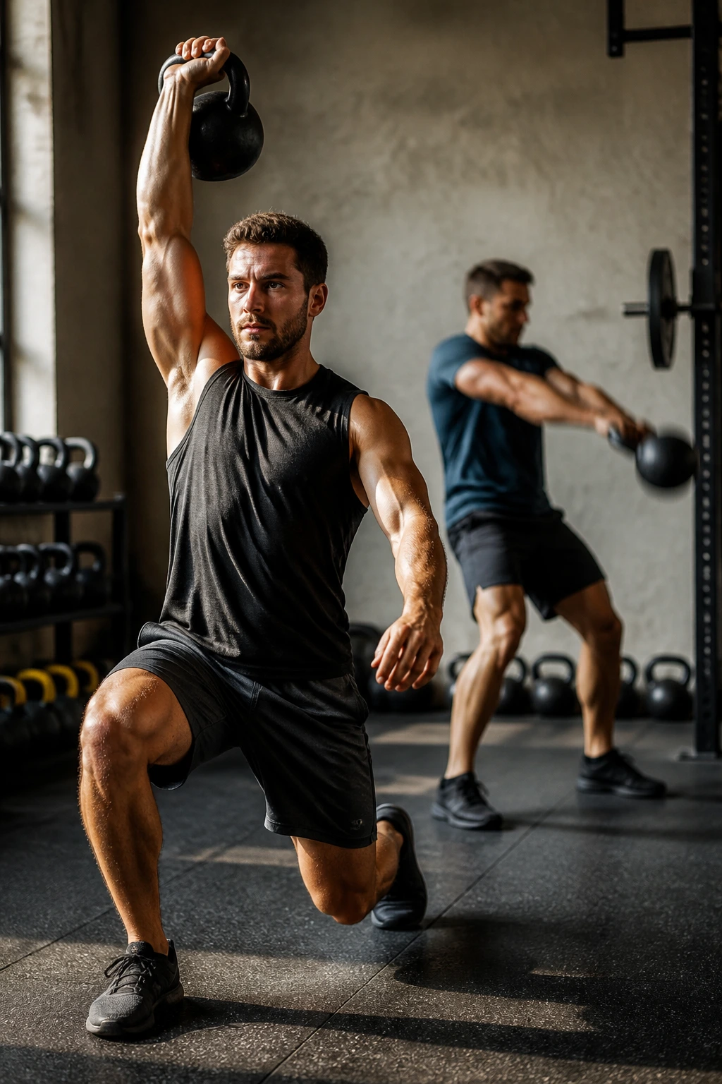 Close-up of athlete performing push press with kettlebell in a gym, swing motion blurred in background