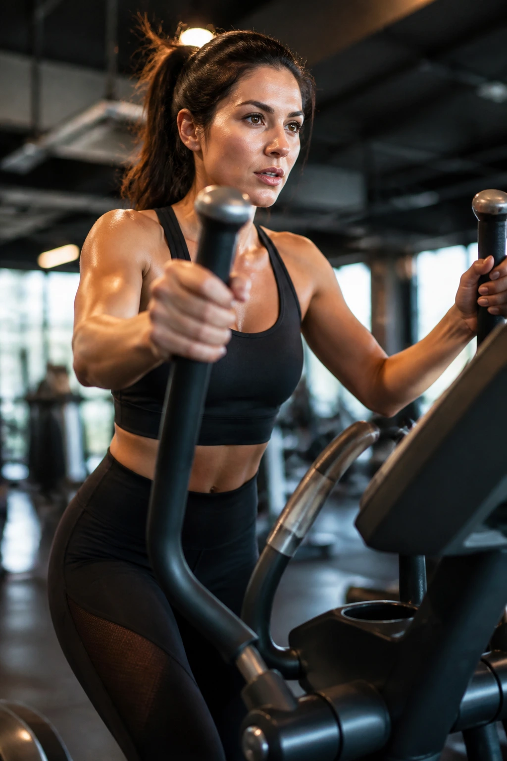 Woman performing push-pull drive on cross trainer in gym