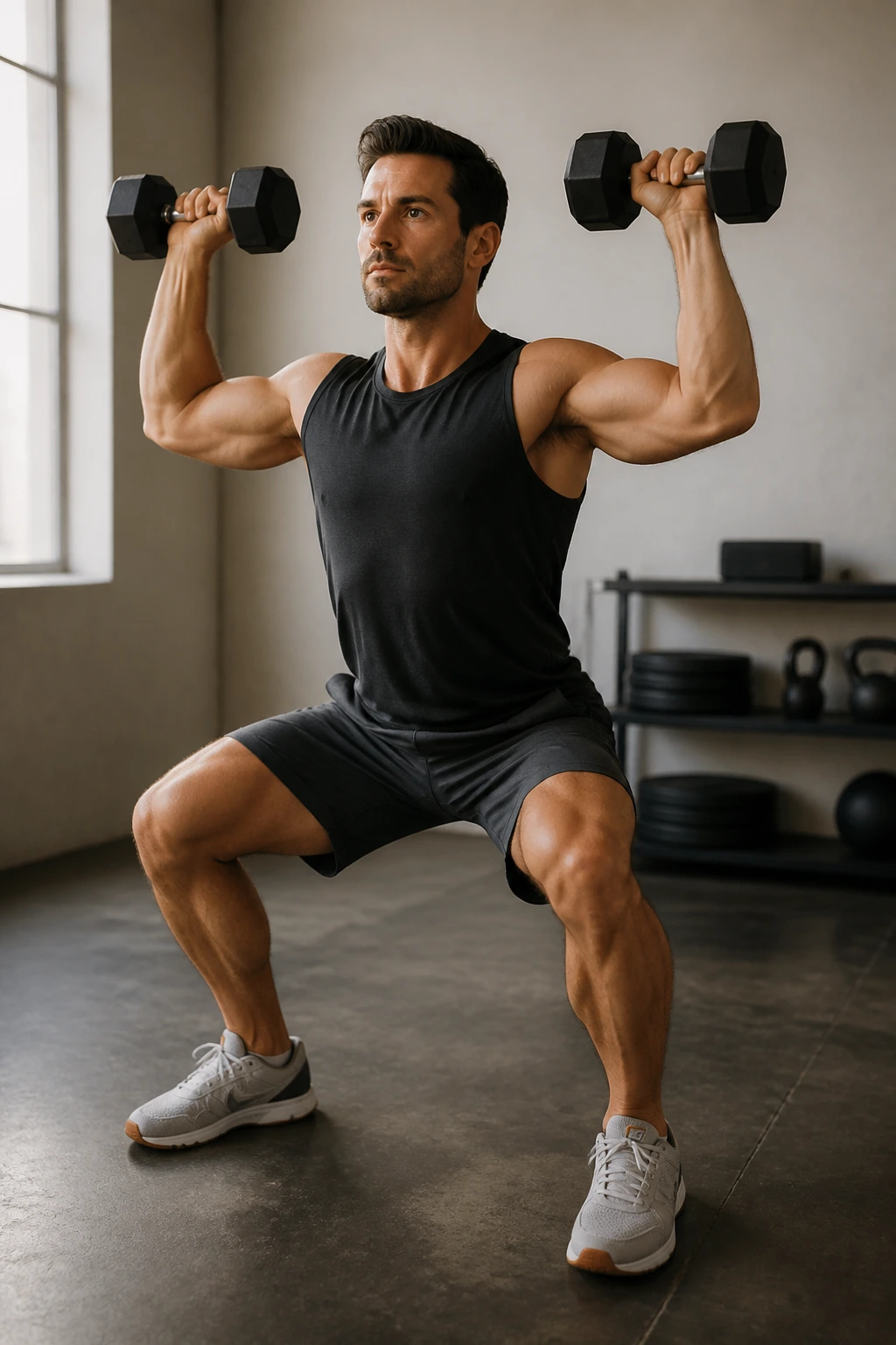 Medium close-up of a person performing a compound dumbbell movement in a small studio