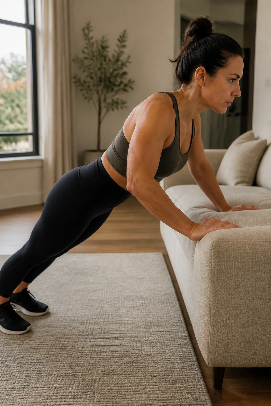 Person performing incline push-ups as part of a push-pull-legs routine at home