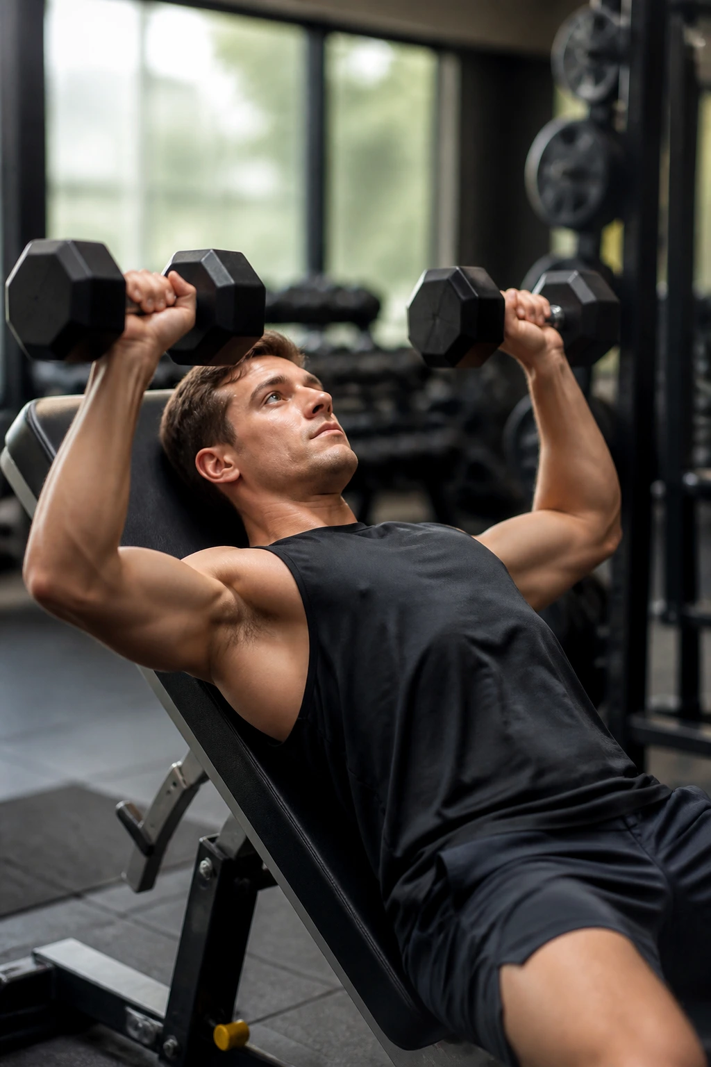Lifter on incline dumbbell press in gym for Push-Pull-Legs Lite