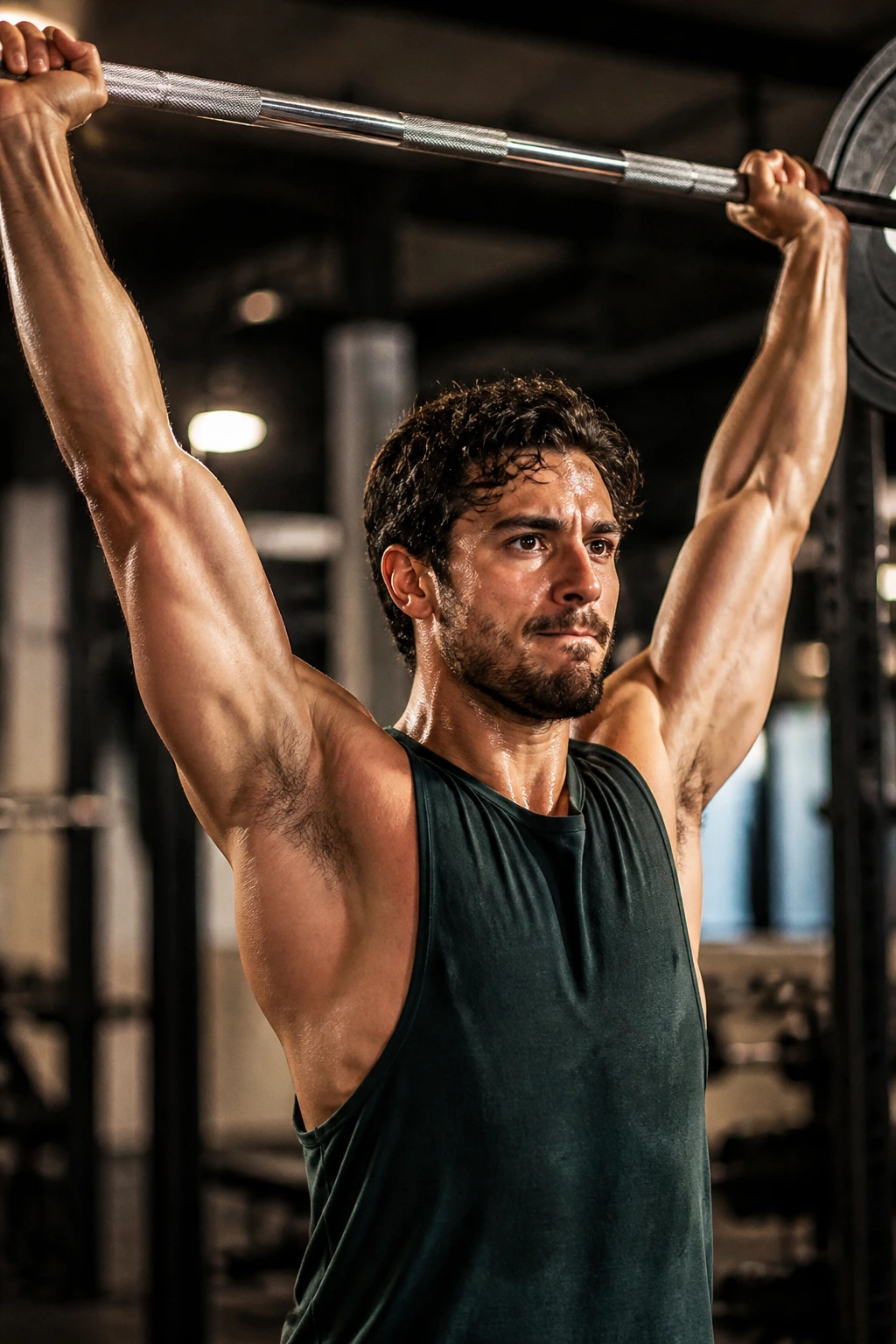 Portrait of lifter performing overhead press in gym during strength training