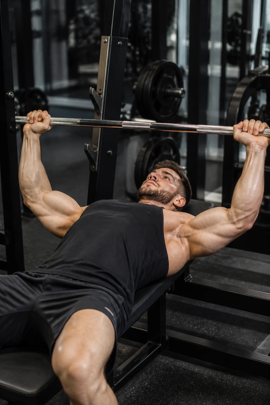 Person bench-pressing in a gym illustrating a push-pull superset concept