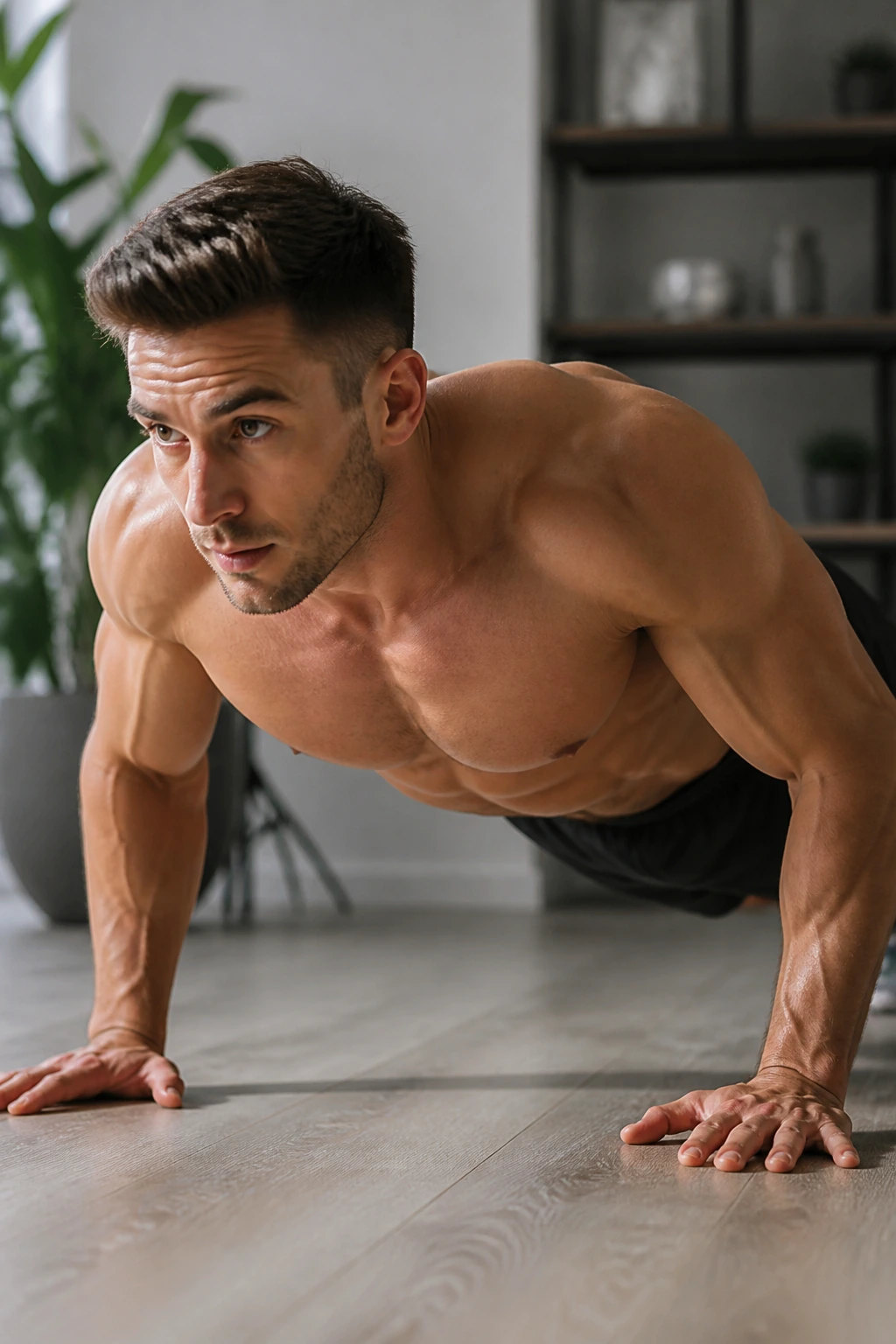 Close-up of a person performing a push-up with clean upper-body line