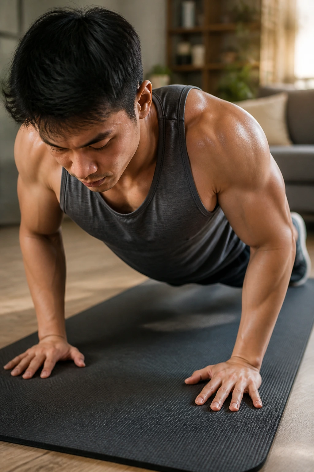 Close-up of a real person performing a push-up on a mat, emphasizing chest and triceps in a home setting