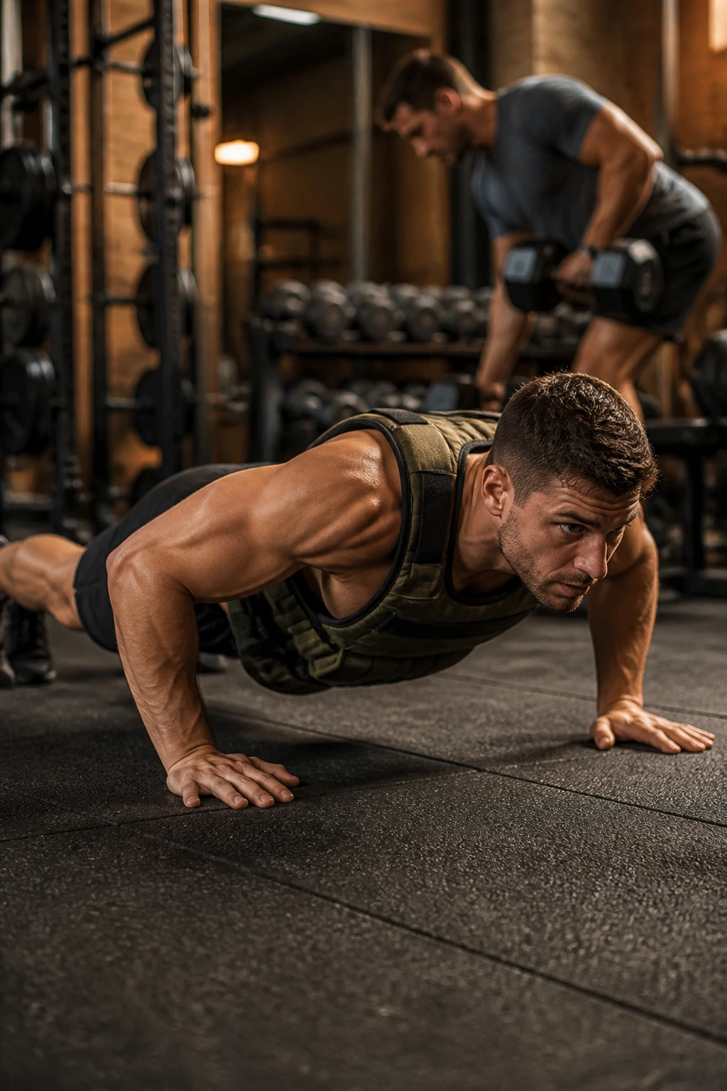 Lifter performing weighted push-ups with a dumbbell row setup visible in background