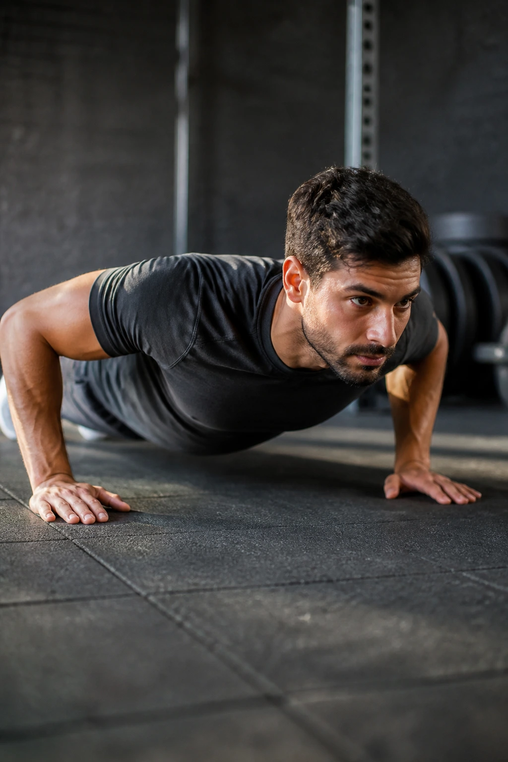 Person performing a basic push-up in a calm gym corner, ignoring loud routines