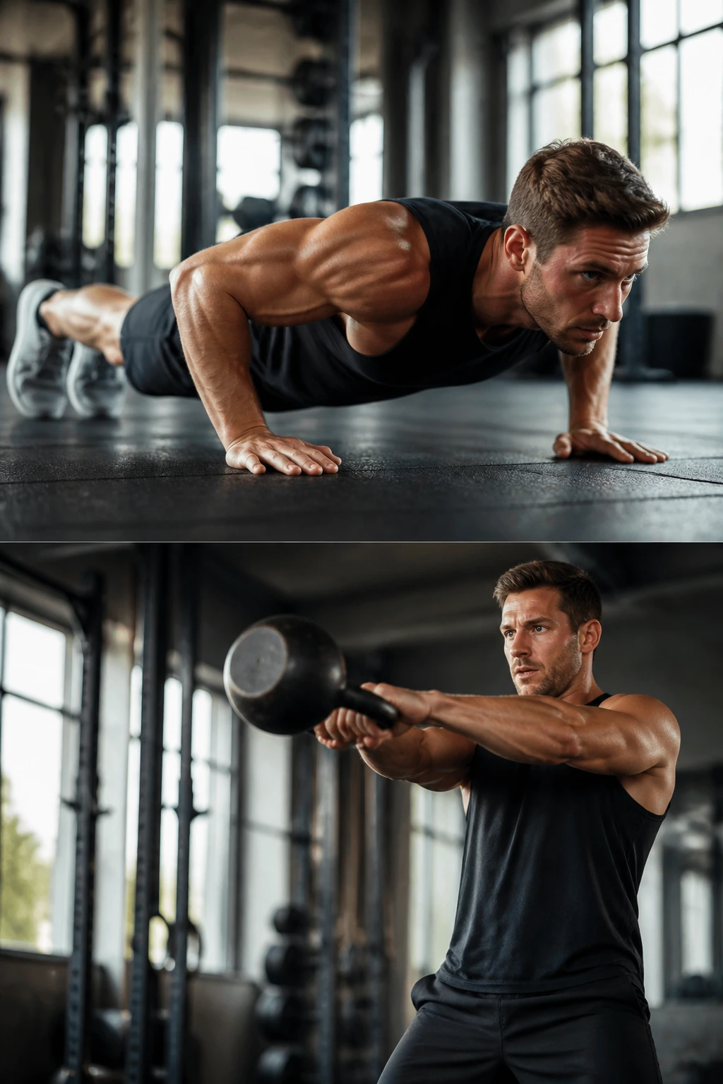 Close-up of person doing a push-up in gym