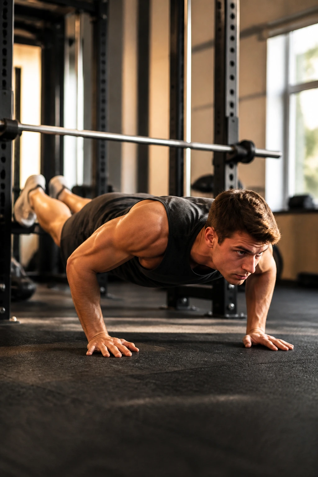 Lifter in push-up position with inverted row equipment visible in the background