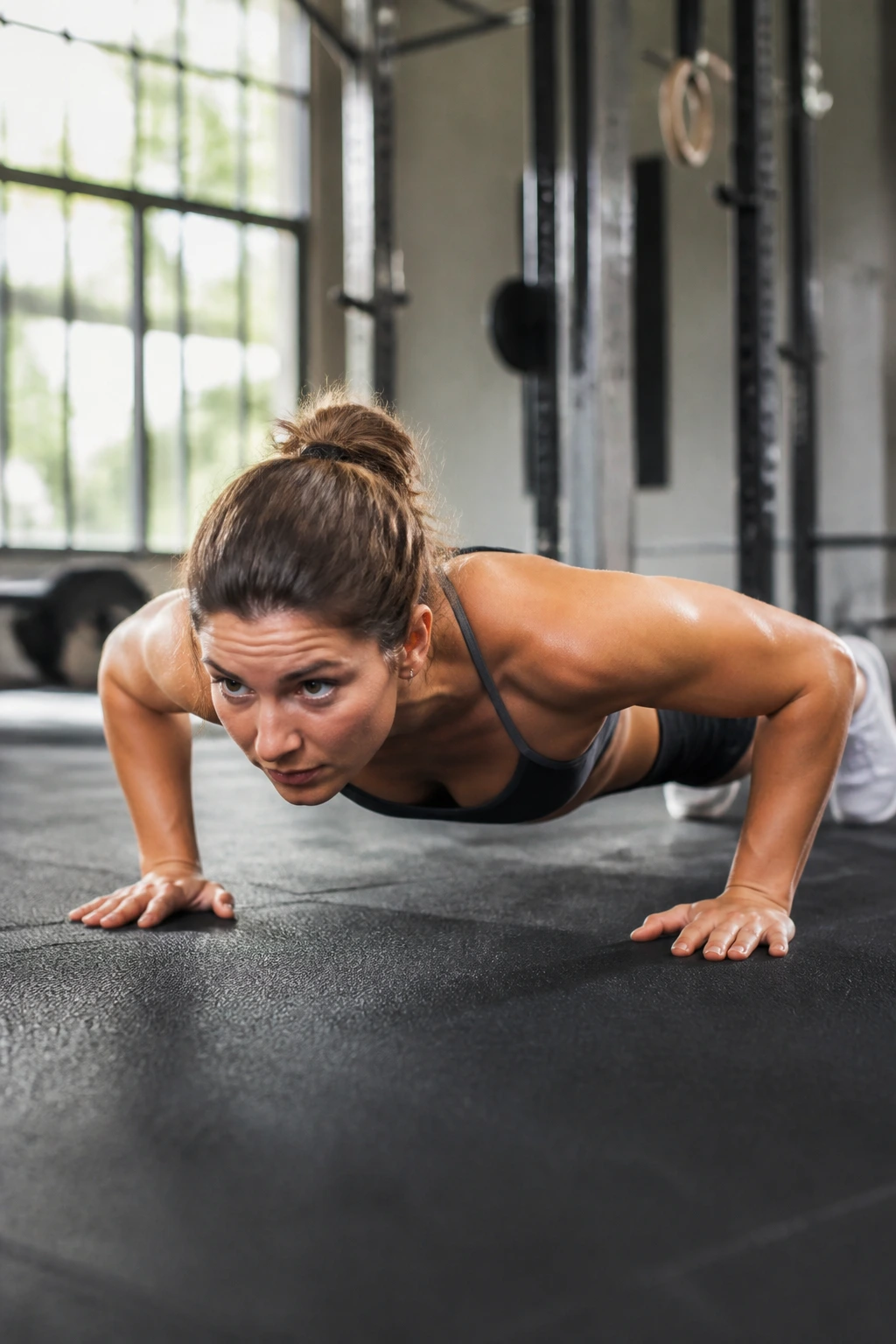 Medium close-up of a person performing push-ups in a gym during a HIIT ladder