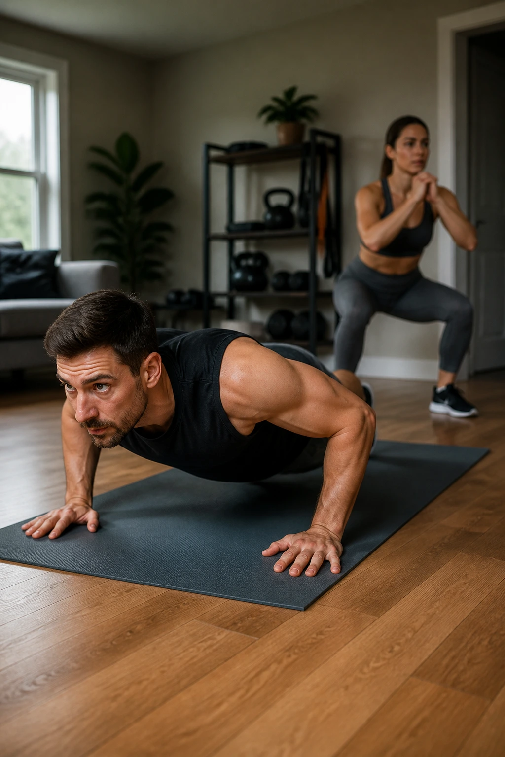 Mid-shot of a person in push-up position on a mat in a cozy home gym