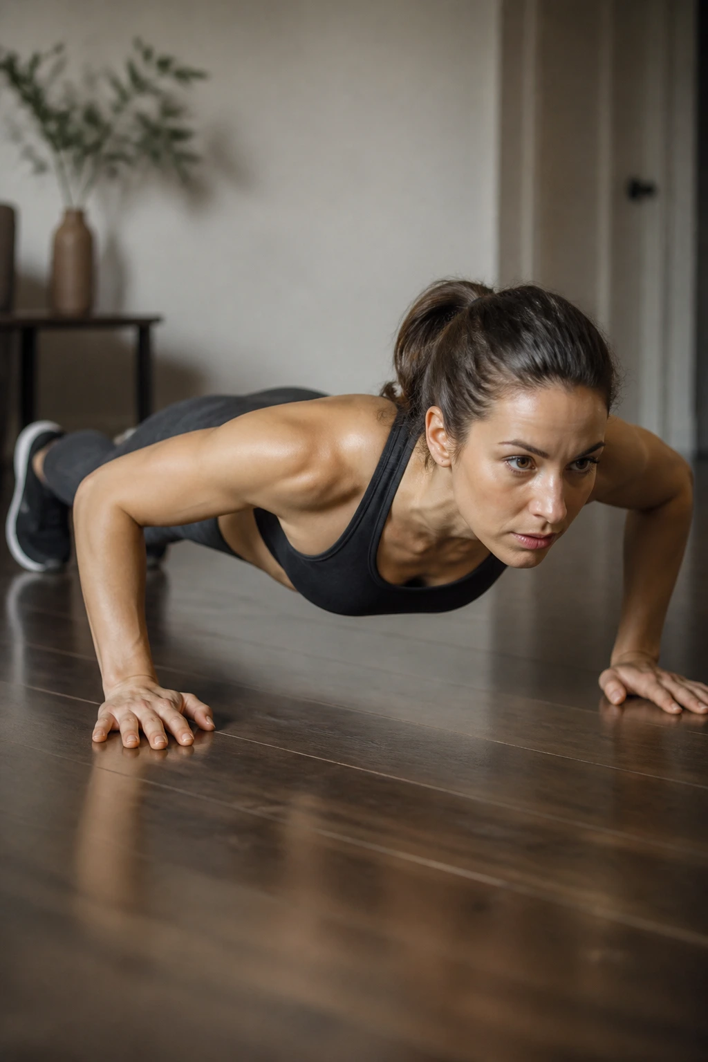 Person performing push-ups and brief plank in a home setting