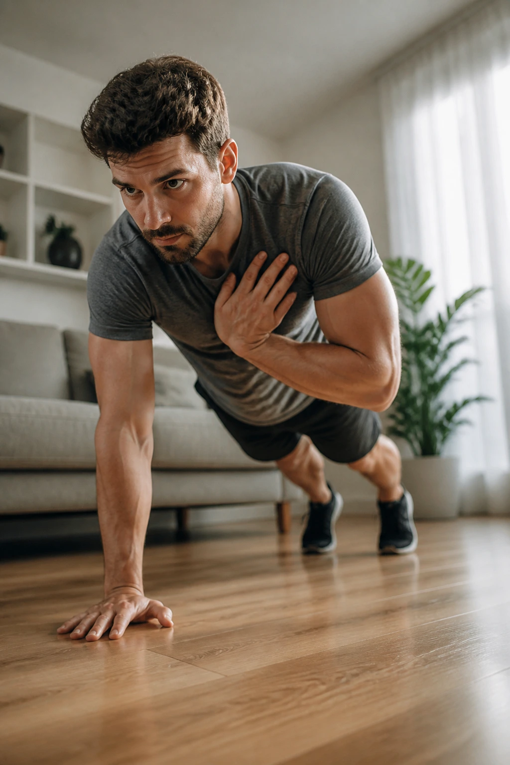 Person performing push-up and plank combo on living room floor