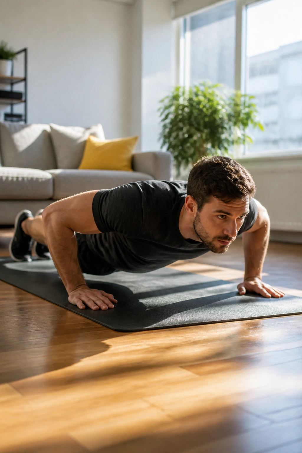 Person mid-push-up demonstrating proper form on a home floor