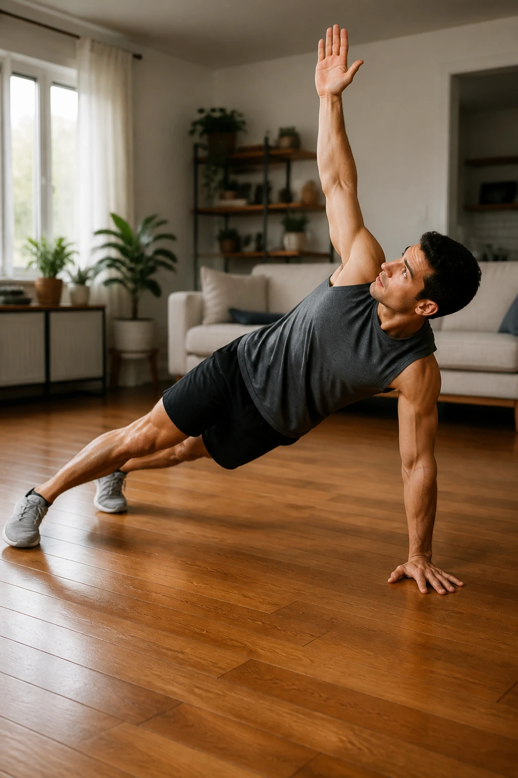 Real person performing push-up to T-rotation in living room.