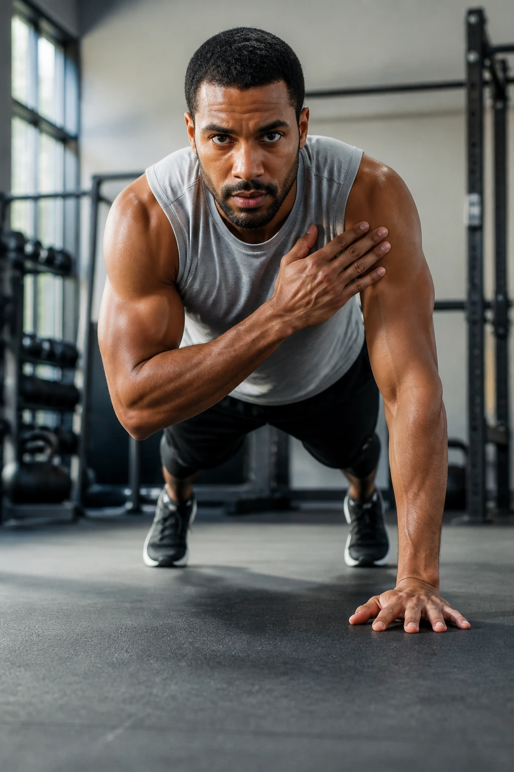 Front view of person doing push-up with alternating shoulder taps on gym floor
