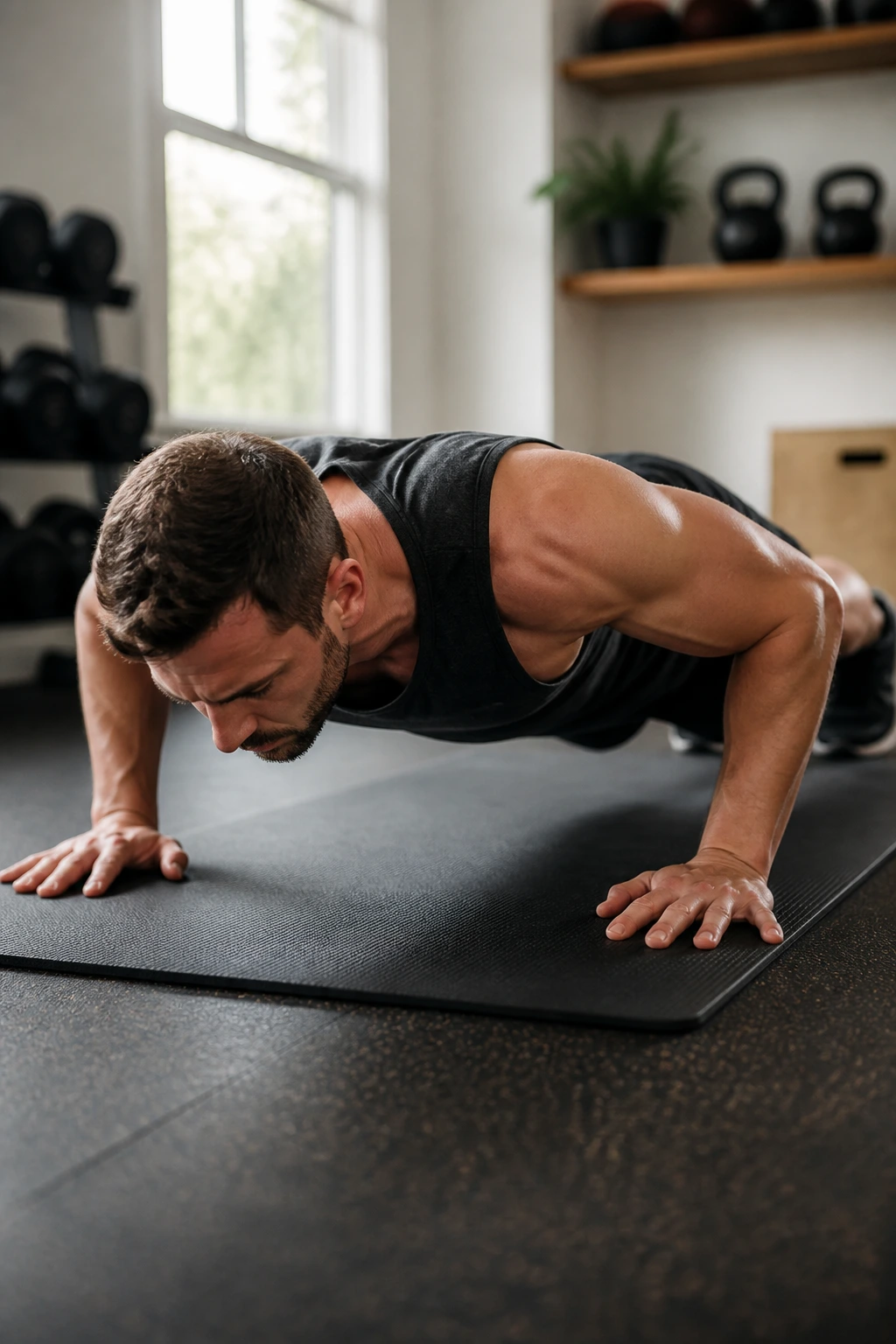 Medium close-up of a person performing standard push-ups on a mat with proper form