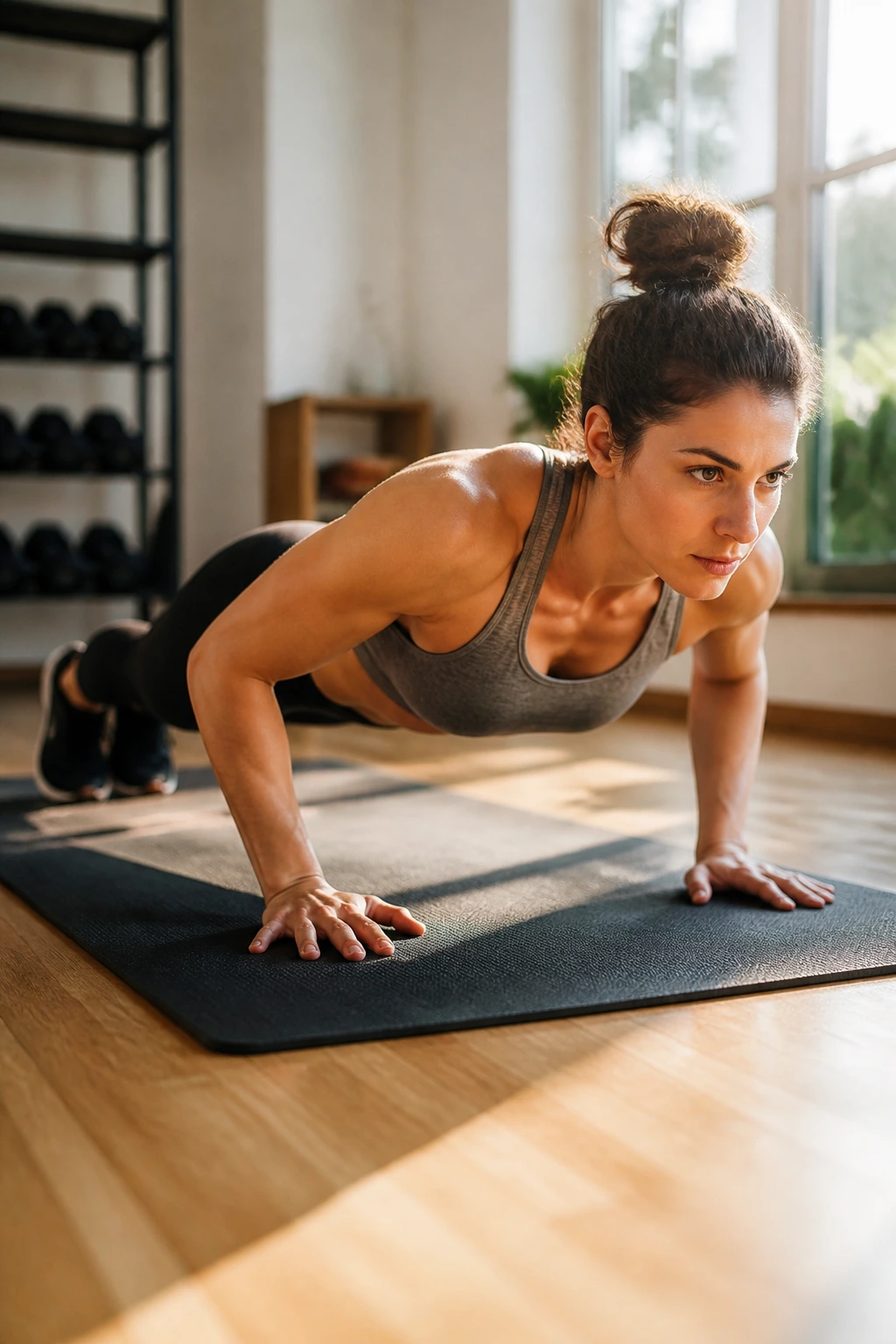 Real person performing a push-up with proper form on a mat