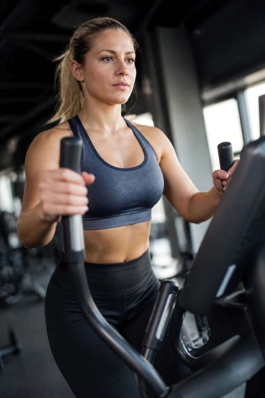 Person on cross trainer performing pyramid interval workout in gym