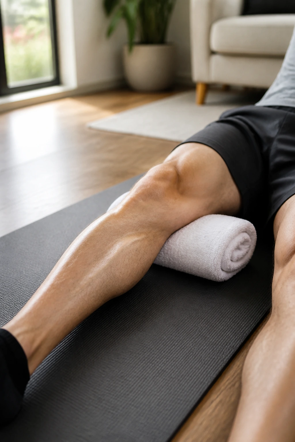 Close-up of leg with knee pressing into towel during quad sets, quadriceps engaged
