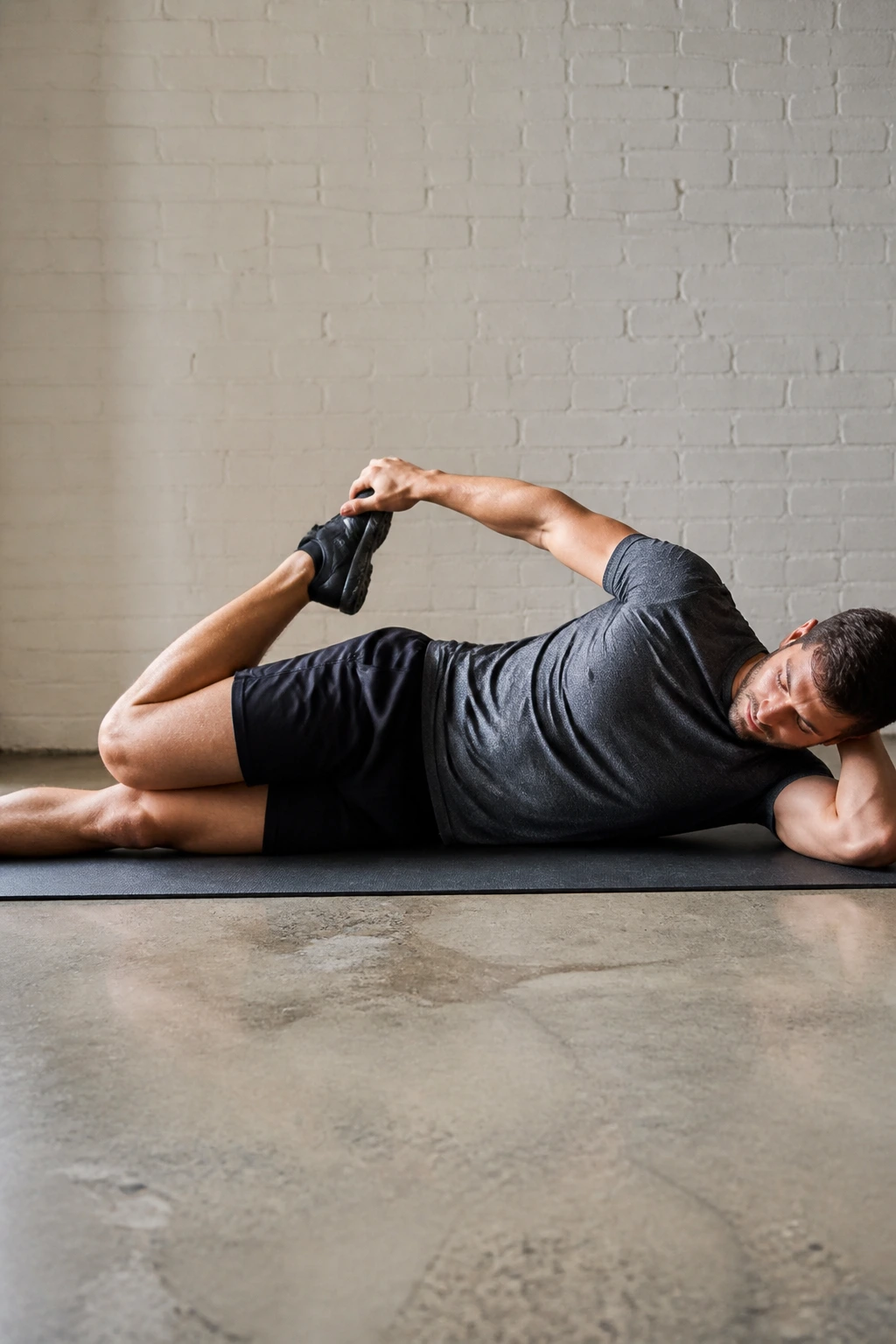 Person lying on side performing lying side-quad stretch on a mat.