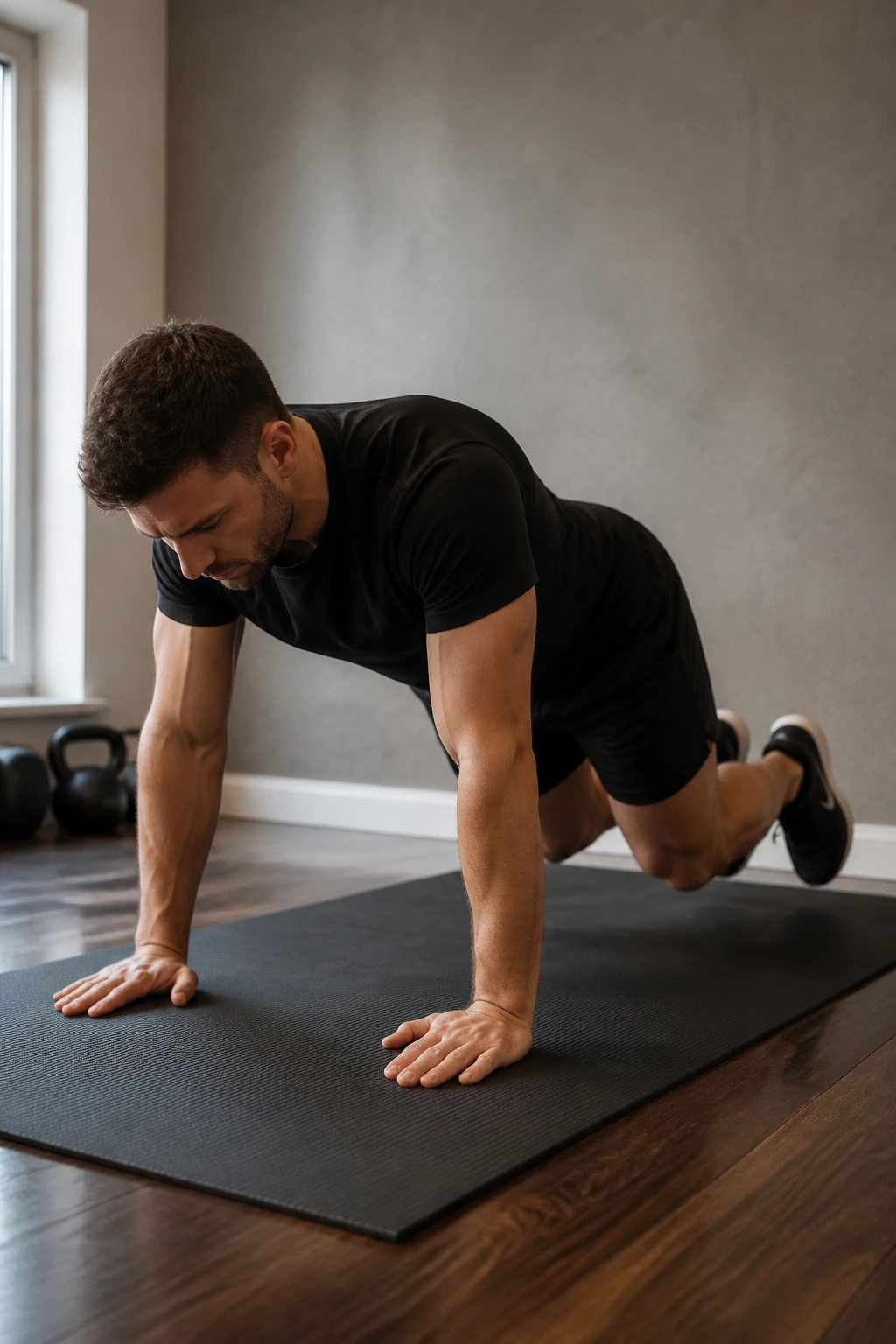 Person performing quadruped hover with knees off the floor