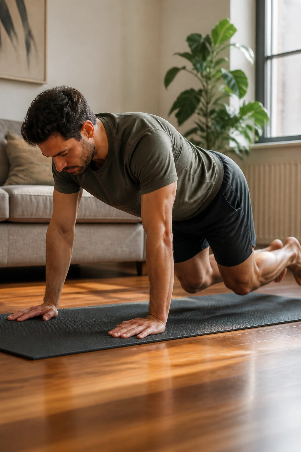 Real person performing quadruped hover on a mat, knees hovering, back flat