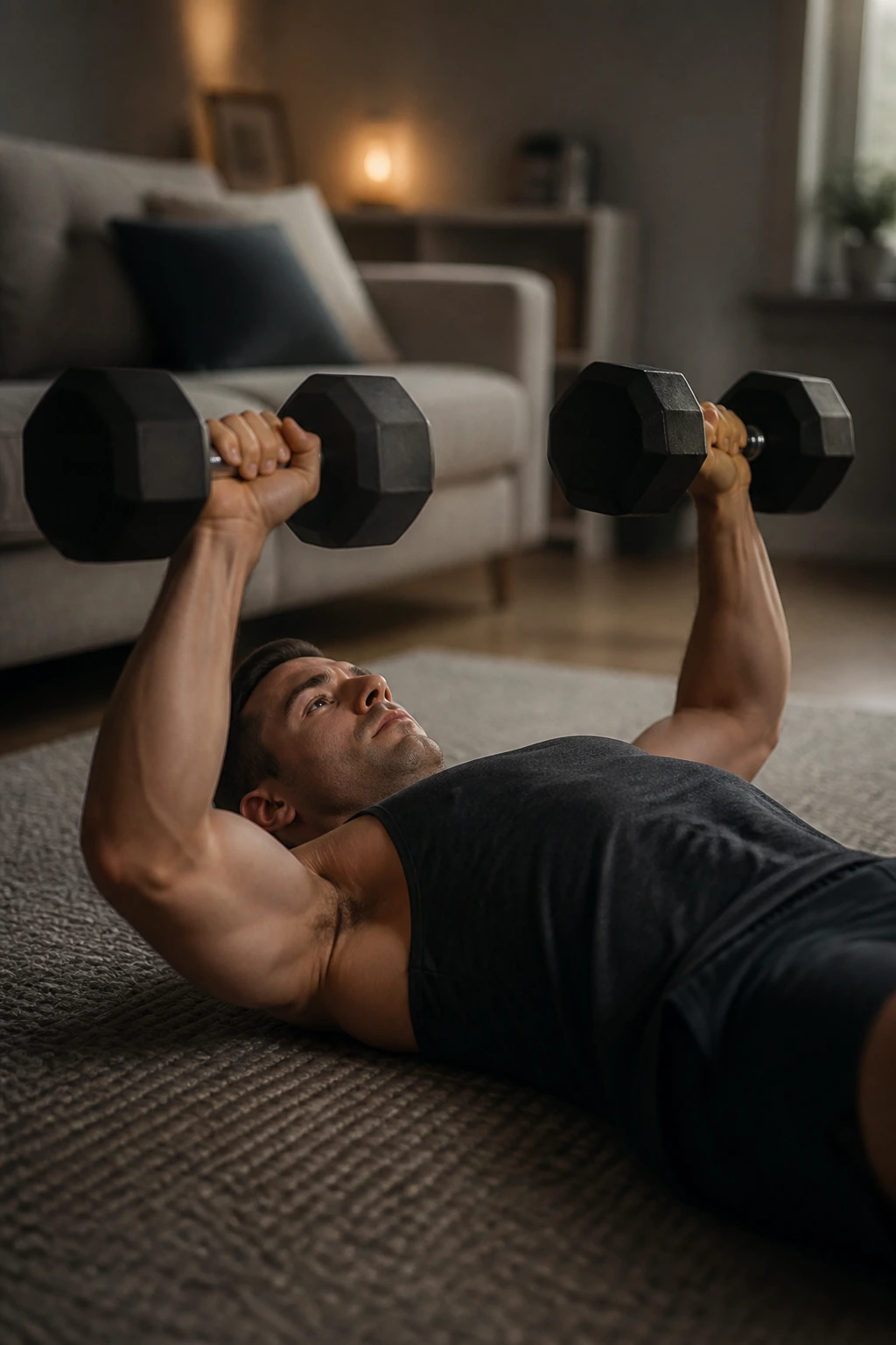 Medium-close shot of a person doing a floor dumbbell press on a rug in a quiet apartment.