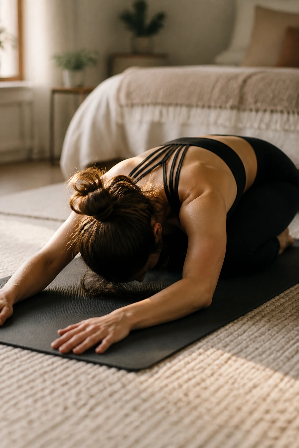 Close-up of a person in Child's Pose on a mat in a softly lit bedroom
