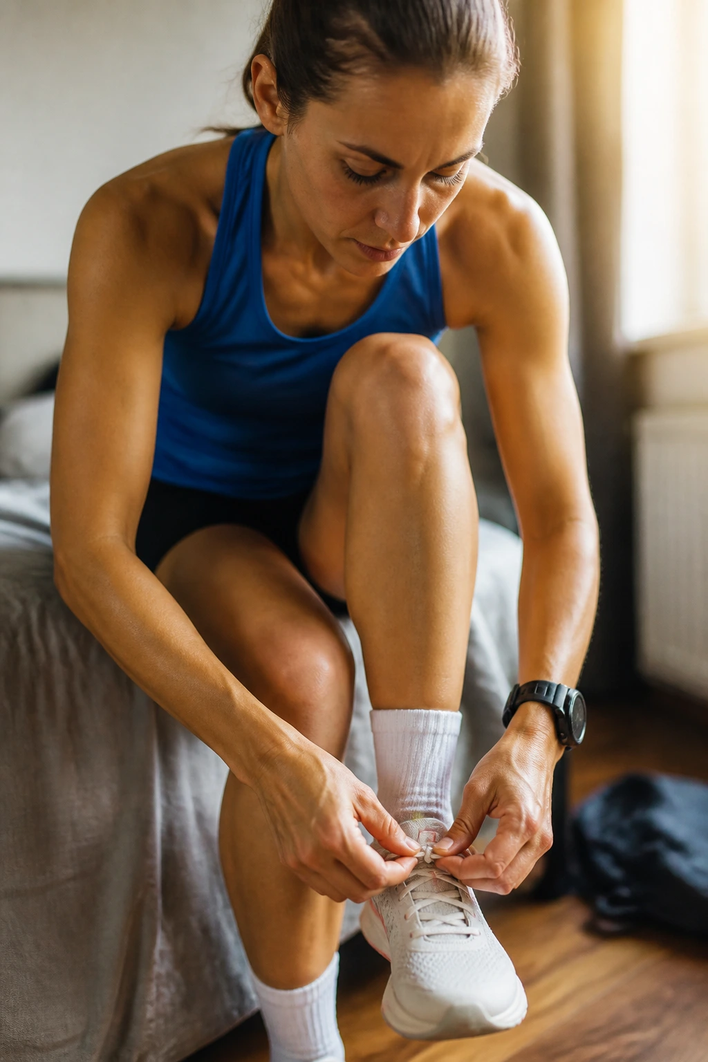 Runner tying laces indoors, preparing for race day