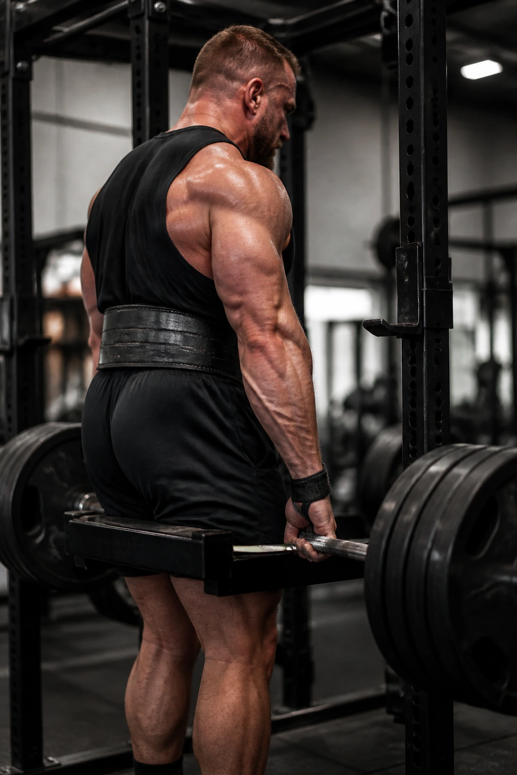 Lifter performing rack pull from knee height in power rack