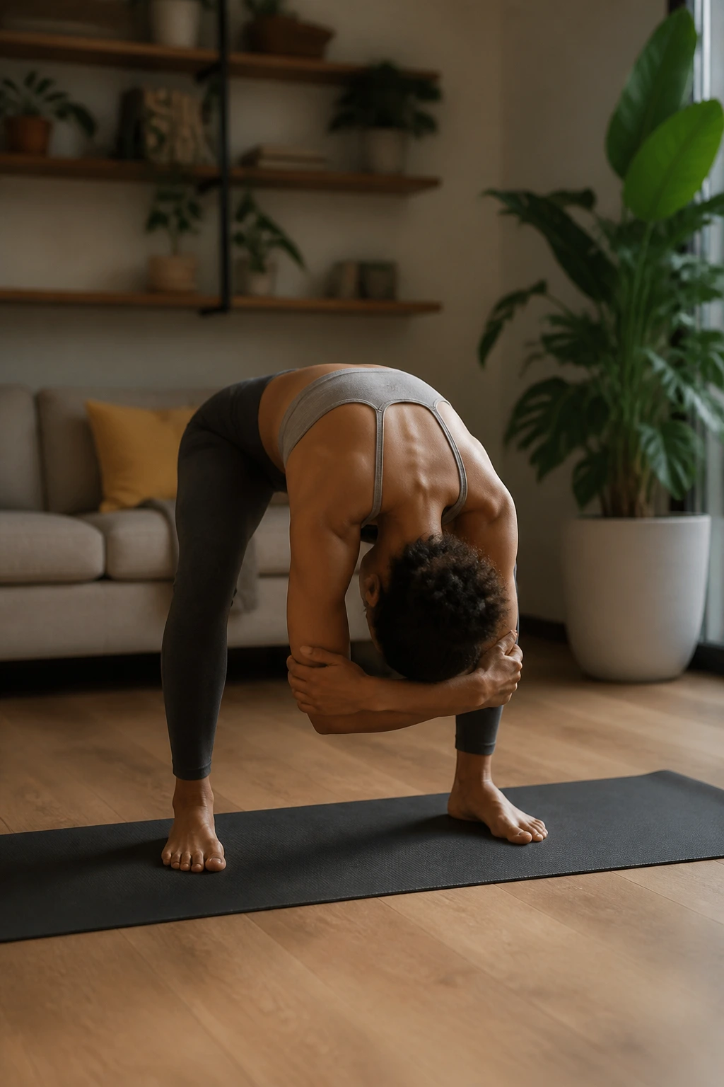 Person in standing ragdoll pose with elbows clasped and chest resting on thighs