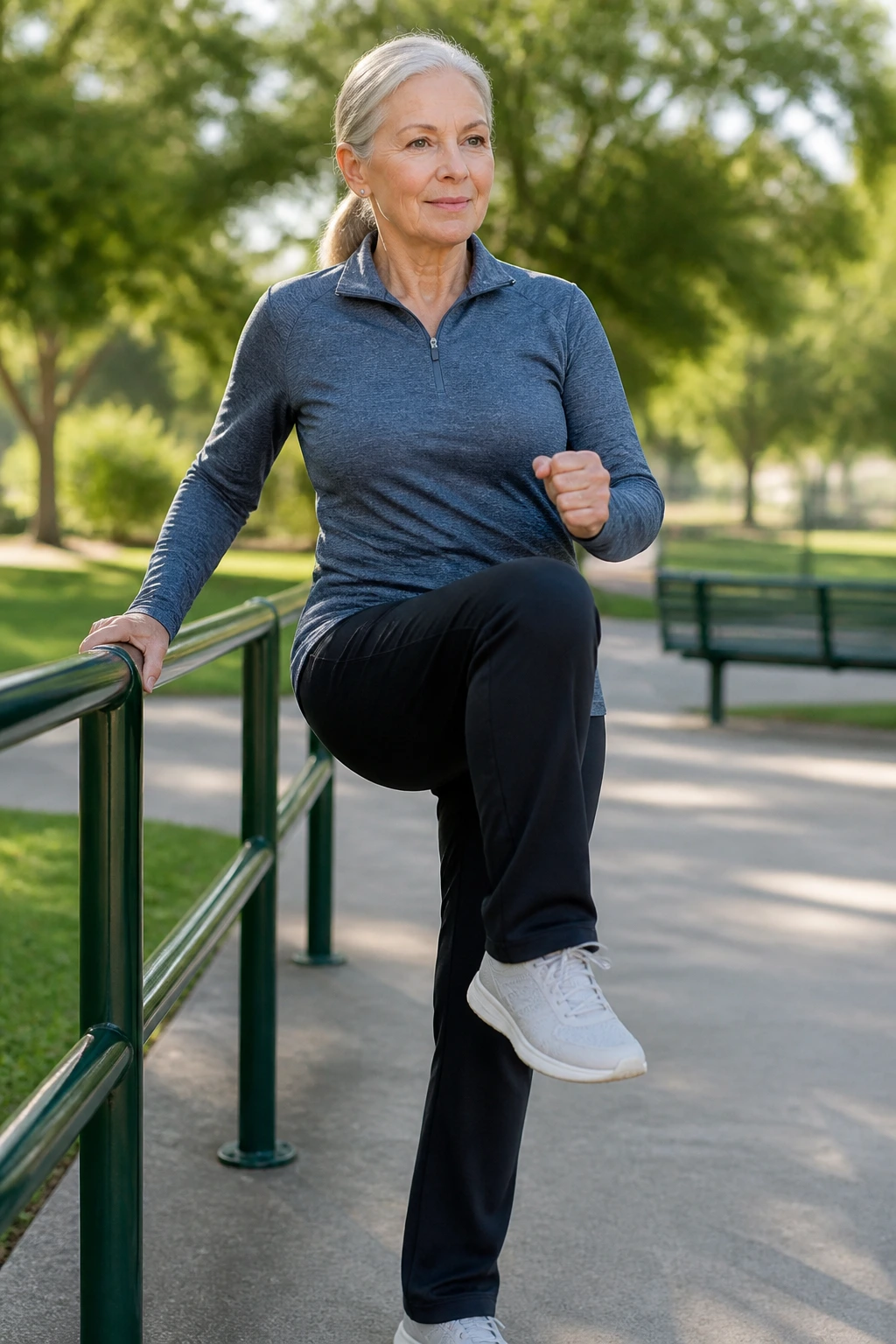 Close up of an older adult performing rail marches with a park railing for balance
