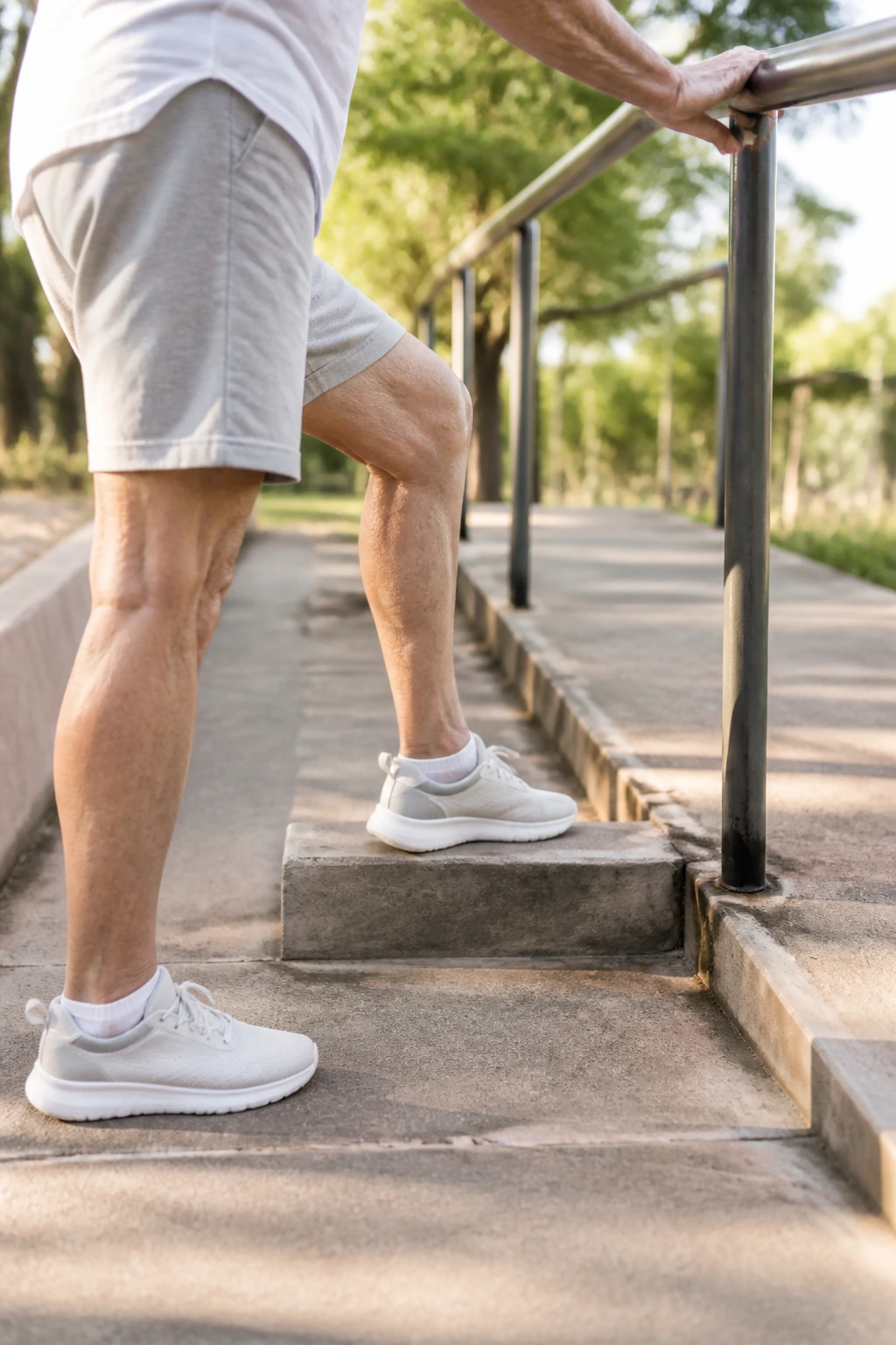 Close-up of a senior's legs stepping onto a shallow outdoor ramp in a park