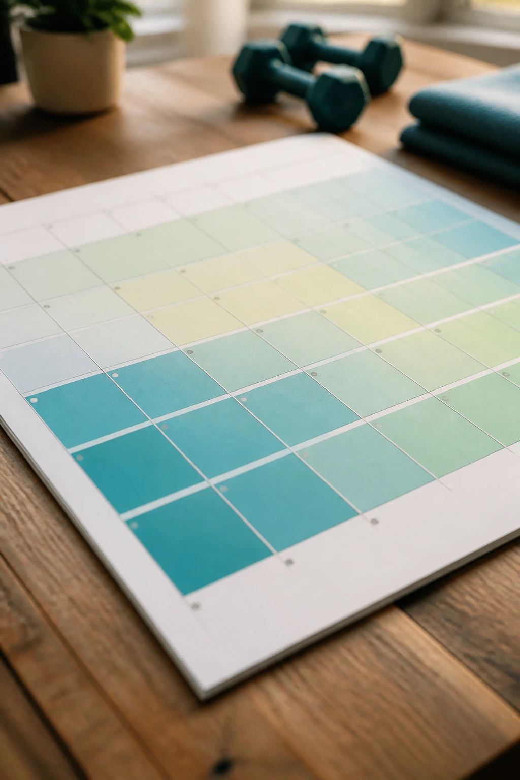 Close-up of a ramp-up calendar grid with gradual progression in color on a desk