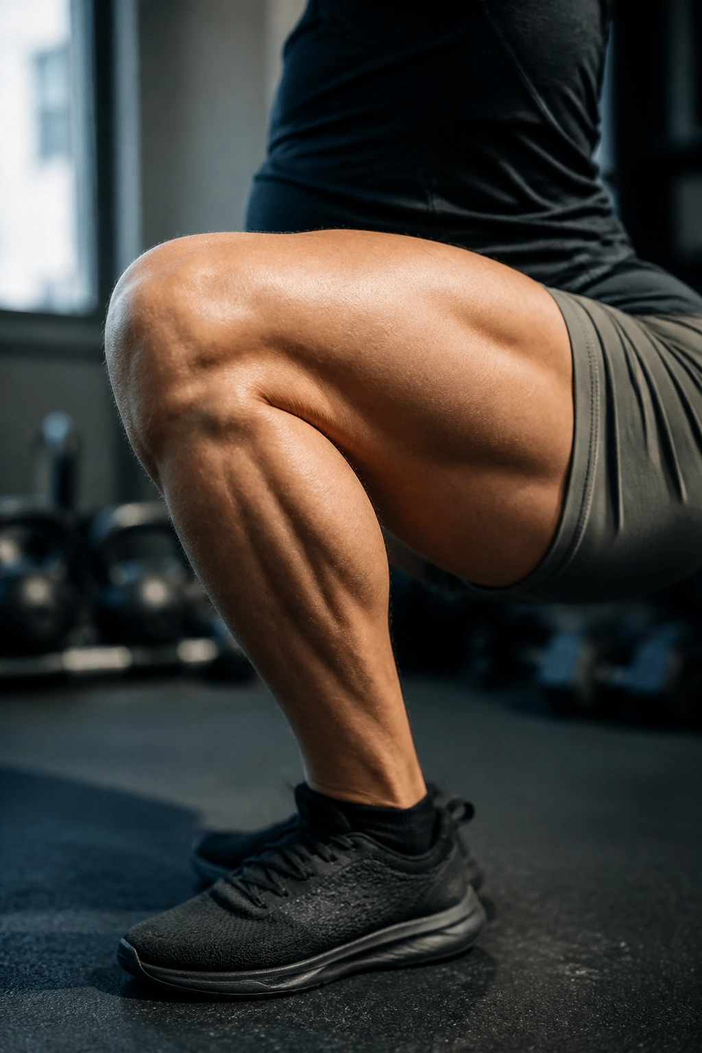 Close-up of knee and leg during a deep squat showing range of motion
